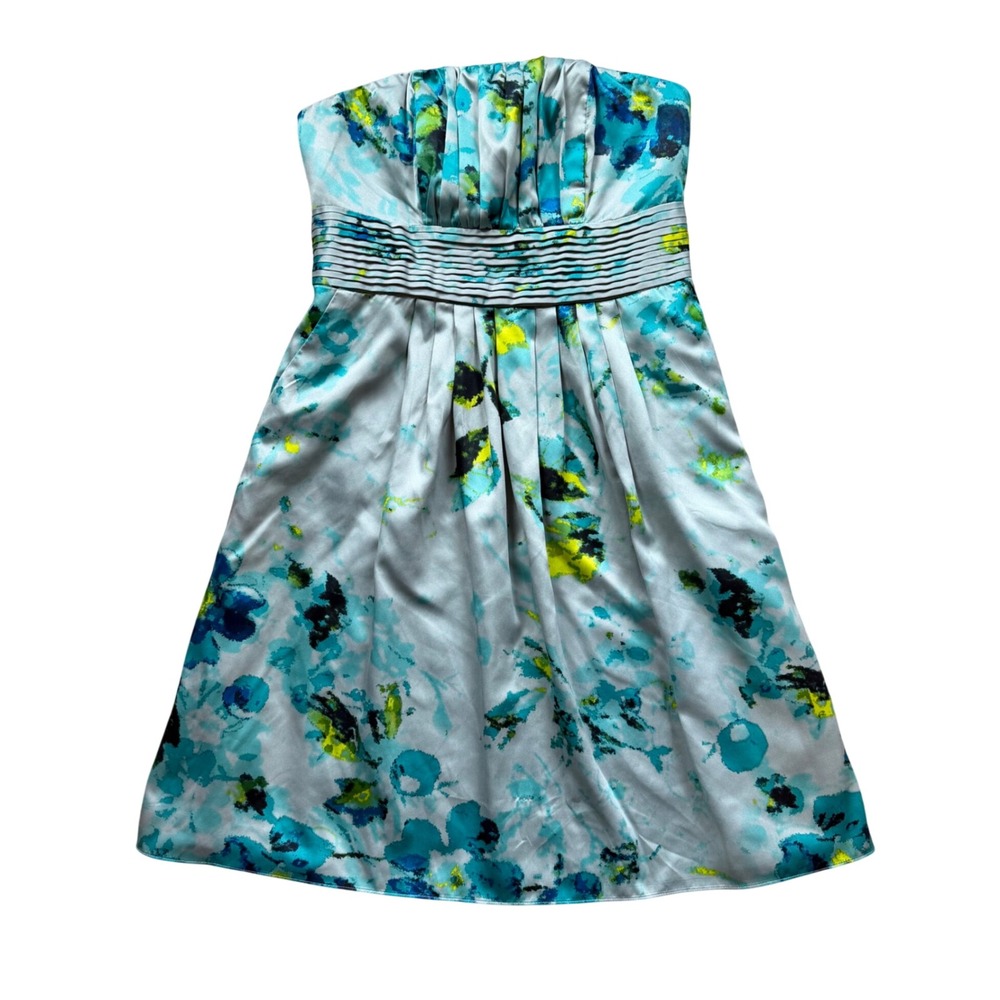 Vintage The Limited Strapless Watercolor Floral Satin Mini Dress Blue Green Sz 6